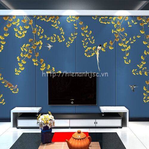 Tranh 5D vẽ tay hoa ginkgo và chim dán tường