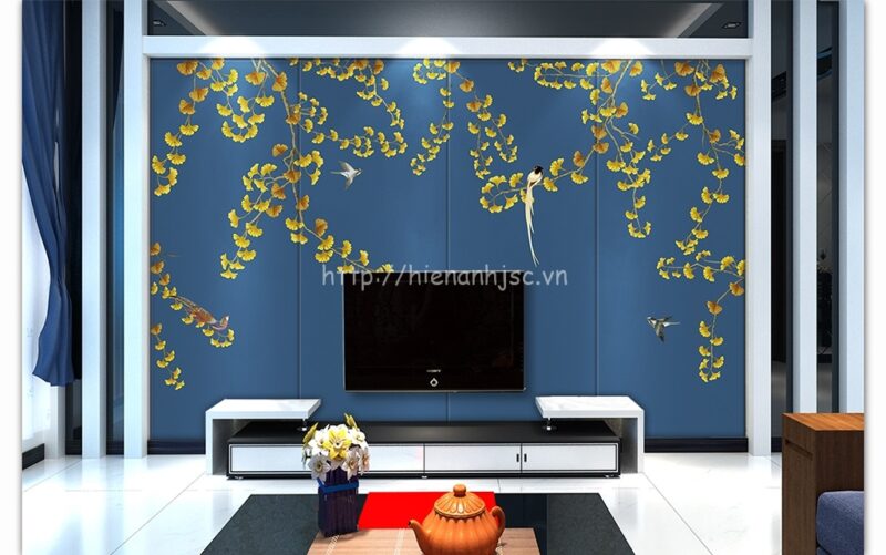Tranh 5D vẽ tay hoa ginkgo và chim dán tường