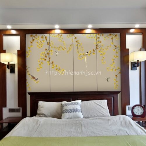 Tranh 5D vẽ tay hoa ginkgo và chim dán tường