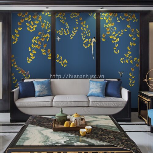 Tranh 5D vẽ tay hoa ginkgo và chim dán tường