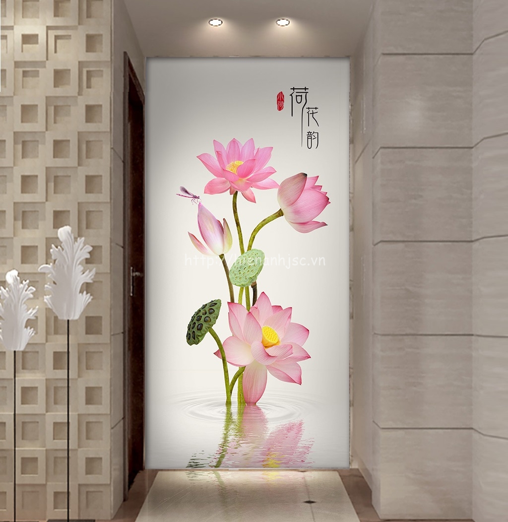 Tranh dán tường 5D - Tranh hoa sen hành lang phong cách vẽ tay 5D142