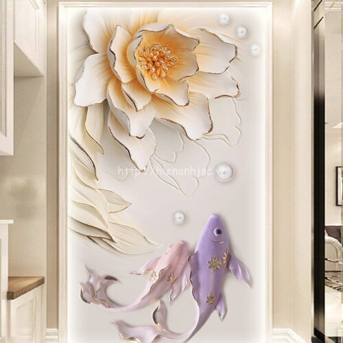 Tranh dán tường cá chép 5D đẹp