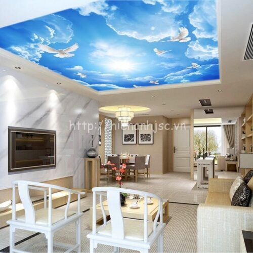 5D058-1-tranh bau troi xanh may trang, chim bo cau