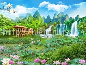 Giấy dán tường 3D phong cảnh | Các mẫu giấy dán tường rẻ và đẹp nhất 2 5D073-1-tranh thien nhien ao sen thac nuoc thanh binh