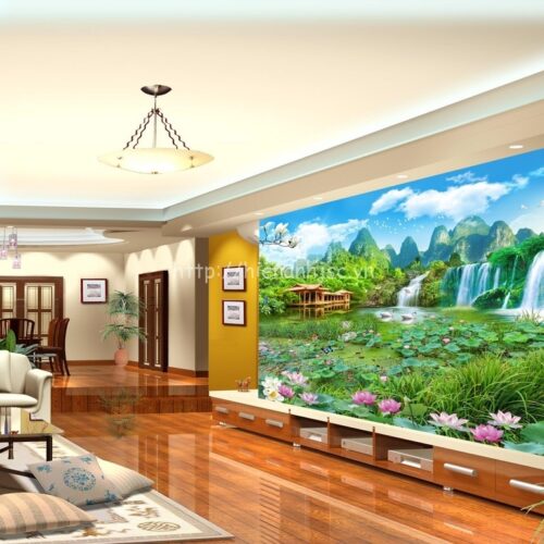 5D073-5-tranh thien nhien ao sen thac nuoc thanh binh