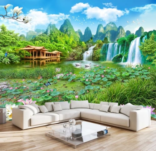 5D073-6-tranh thien nhien ao sen thac nuoc thanh binh