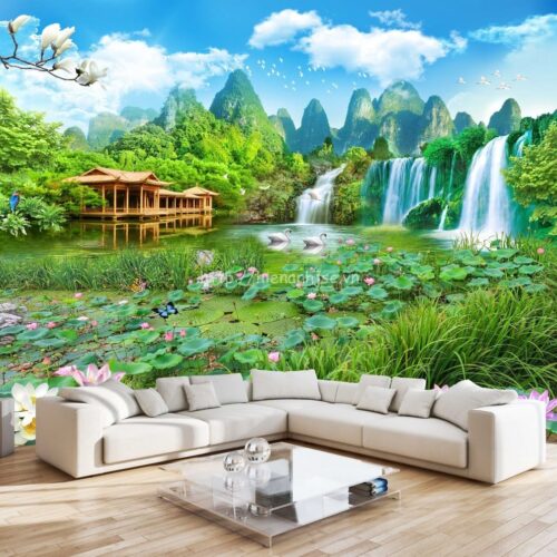 5D073-6-tranh thien nhien ao sen thac nuoc thanh binh