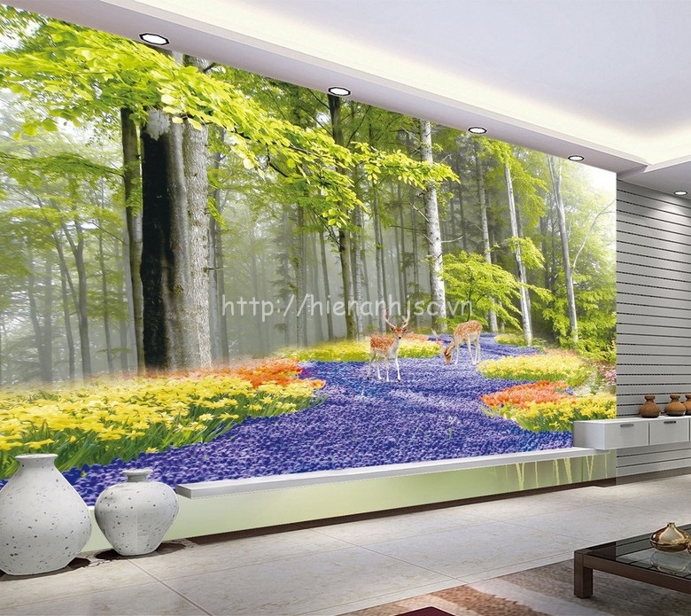 Tranh dán tường phong cảnh 5D rừng cây và nai vàng