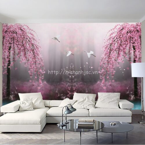 Tranh dán tường cảnh hồ thiên nga phủ sương - 5D093