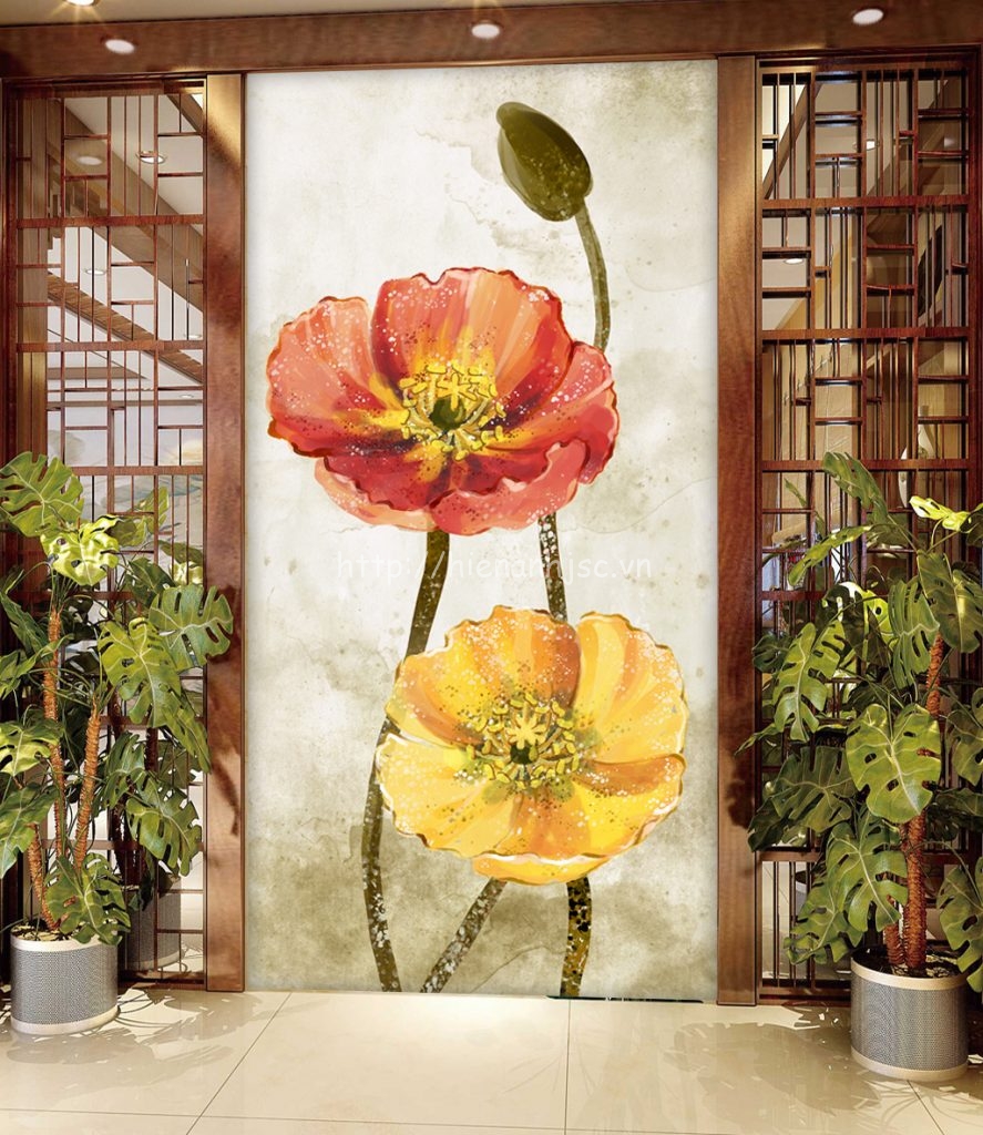 Tranh dán tường 5D - Tranh hoa phong cách vẽ tay dán hành lang 5D042