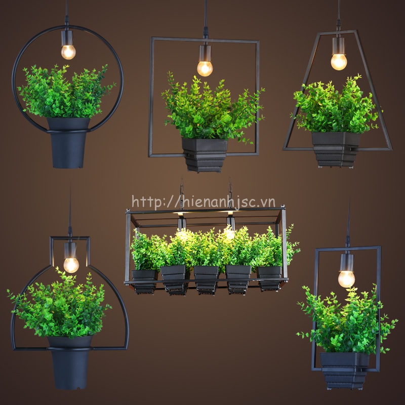 Đèn thả trang trí bóng đèn và cỏ xanh đơn giản