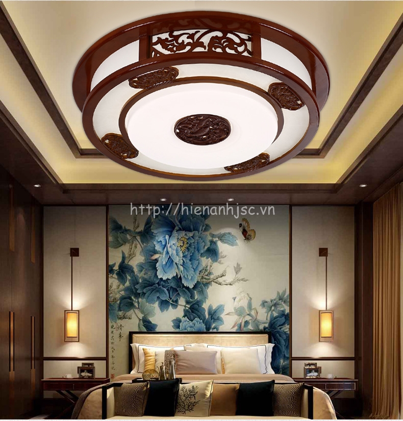 Đèn trần trang trí hình tròn chất liệu gỗ phong cách Trung Hoa