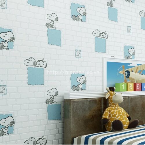3D116-1-giay dan tuong 3d hoa tiet hoat hinh cho snoopy ket hop gia van gach
