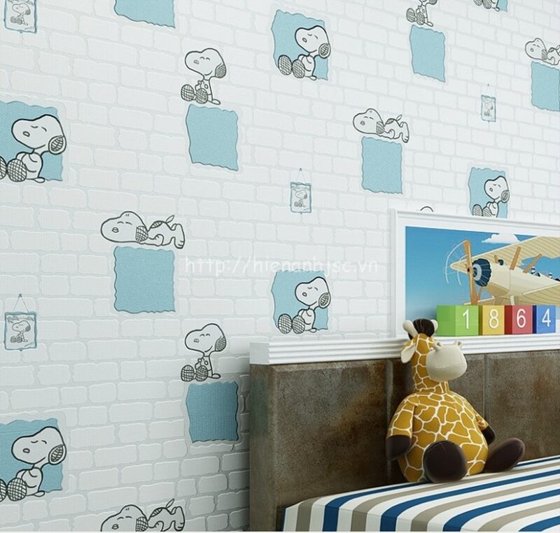 3D116-1-giay dan tuong 3d hoa tiet hoat hinh cho snoopy ket hop gia van gach