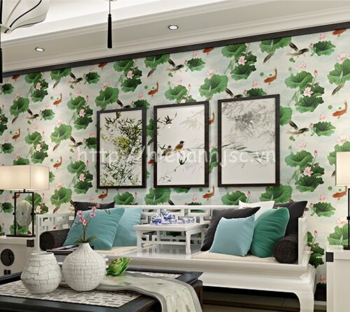 3d142-3-giay dan tuong 3d hoa tiet la sen va ca Trung quoc PVC