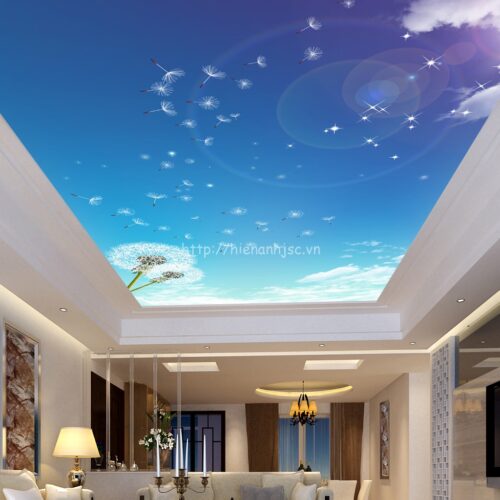 Giấy dán tường 5D - Tranh dán trần bối cảnh bầu trời, hoa bồ công anh 5D089 5 5D089-4-tranh dan tran boi canh bau troi hoa co may