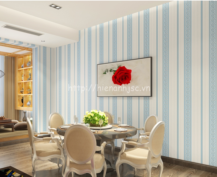 Giấy dán tường họa tiết sọc dọc đơn giản phong cách Trung Hoa màu xanh