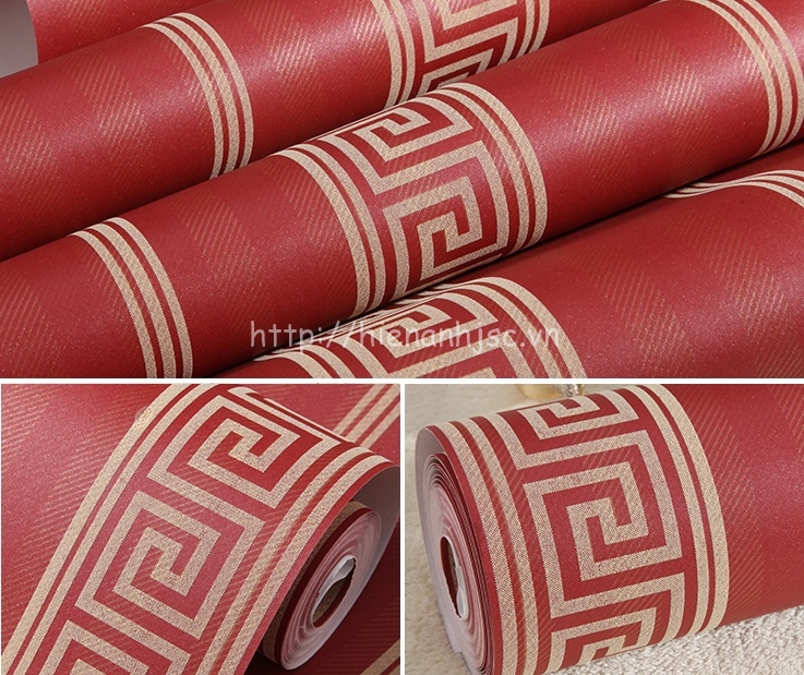 Giấy dán tường họa tiết sọc dọc đơn giản phong cách Trung Hoa màu đỏ