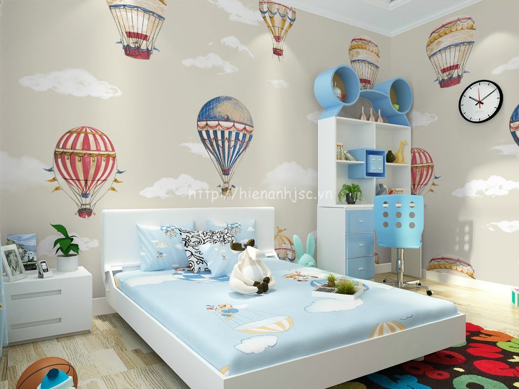 Giấy dán tường 3D - Họa tiết khinh khí cầu cho phòng ngủ của bé 3D185 màu vàng