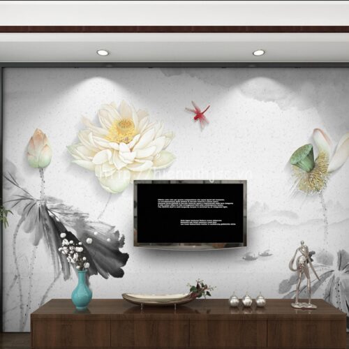 Tranh dán tường - Bối cảnh hoa sen mực tàu 5D099 5 5D099-1-tranh dan tuong chu de hoa sen nhe nhang