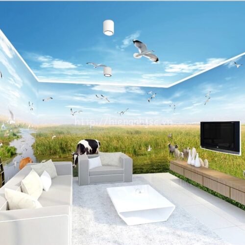 Tranh dán tường 5D đồng cỏ và trời xanh - 5D117
