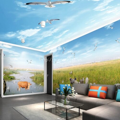 Tranh dán tường 5D đồng cỏ và trời xanh - 5D117