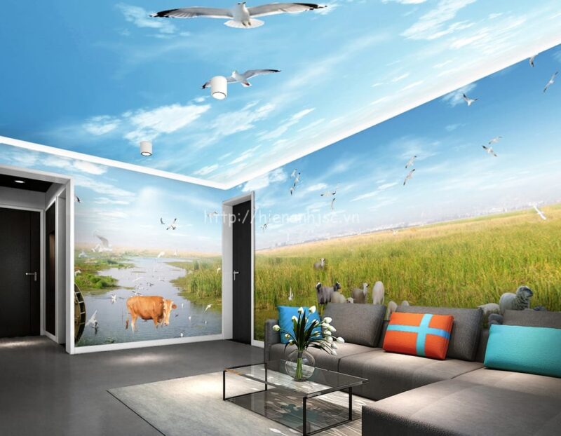 Tranh dán tường 5D đồng cỏ và trời xanh - 5D117
