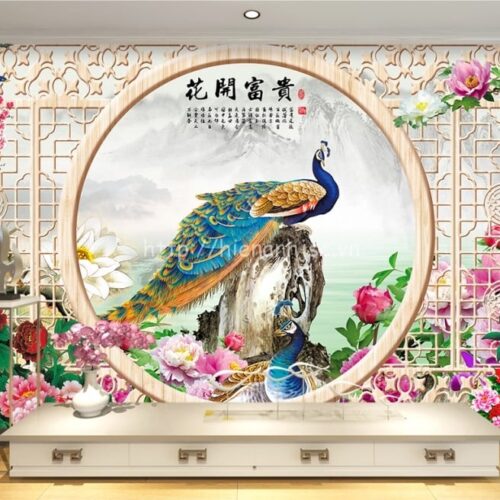 5D135-5-tranh dan tuong chu de cua so hoa mau don va chim cong