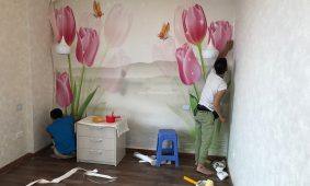 Thi công giấy dán tường 3D và tranh 5D tại GoldenMark City Hà Nội