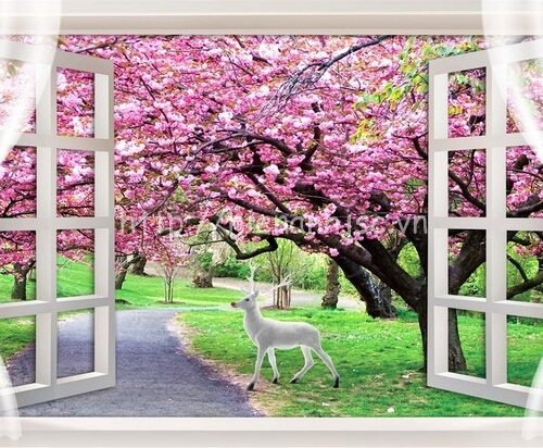 Tranh cửa sổ con đường hoa anh đào - 3D136