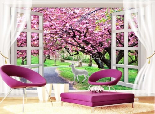 Tranh cửa sổ con đường hoa anh đào - 3D136