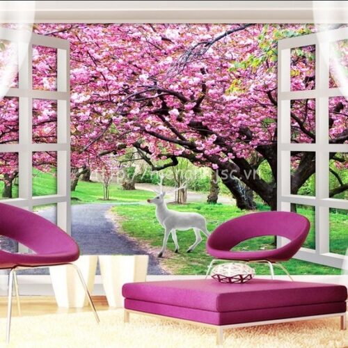 Tranh cửa sổ con đường hoa anh đào - 3D136