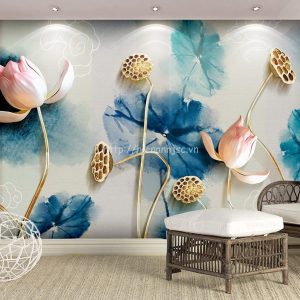 Tranh dán tường phòng khách bối cảnh hoa sen giả ngọc - 5D138