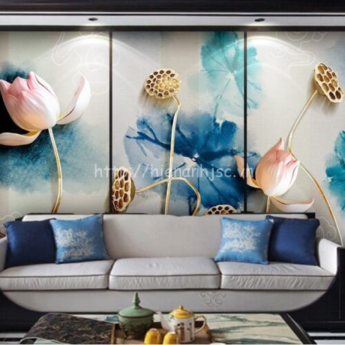 Tranh dán tường - Bối cảnh hoa sen giả ngọc cổ điển 5D138 6 Tranh dán tường phòng khách bối cảnh hoa sen giả ngọc - 5D138