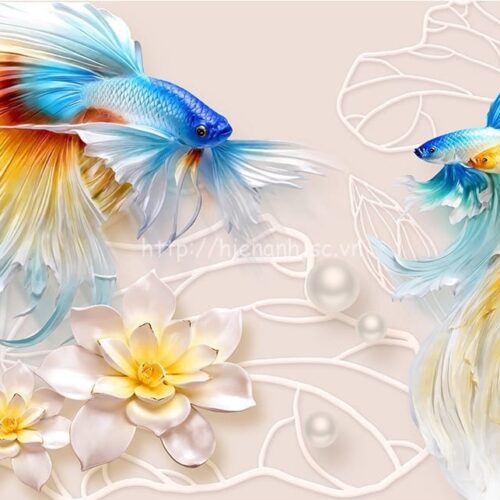 Tranh 5D dán phòng khách cá và hoa sen - 5D139