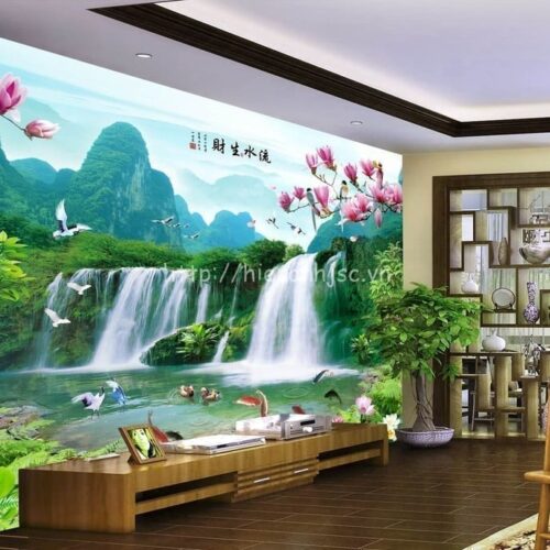 Tranh dán tường 5D - Tranh thác nước thần tiên 5D140 6 Tranh dán tường 5D bối cảnh thác nước và cá - 5D140