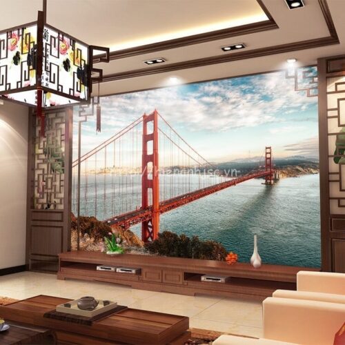 Tranh dán tường cây cầu đỏ qua sông - 5D141