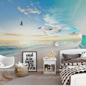 Tranh dán tường bãi biển chim hải âu - 5D143