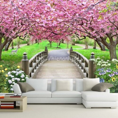 Tranh dán tường 5D - Cầu gỗ và vườn hoa anh đào 5D137 5 Tranh dán tường bối cảnh cầu vườn hoa anh đào - 5D137