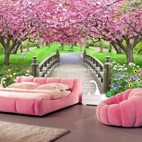 Tranh dán tường cây cầu và hoa anh đào - 5D137