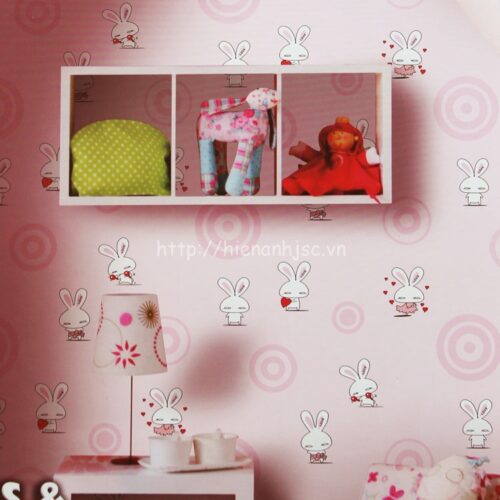 Giấy dán tường 3D - Họa tiết thỏ hoạt hình ngộ nghĩnh, dễ thương 3D195 4 3D195-2-hoa thiet tho hoat hinh mau hong