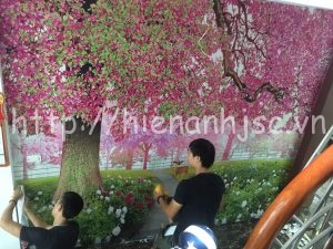 Thi công tranh tường 3D hoa đào tại TPHCM