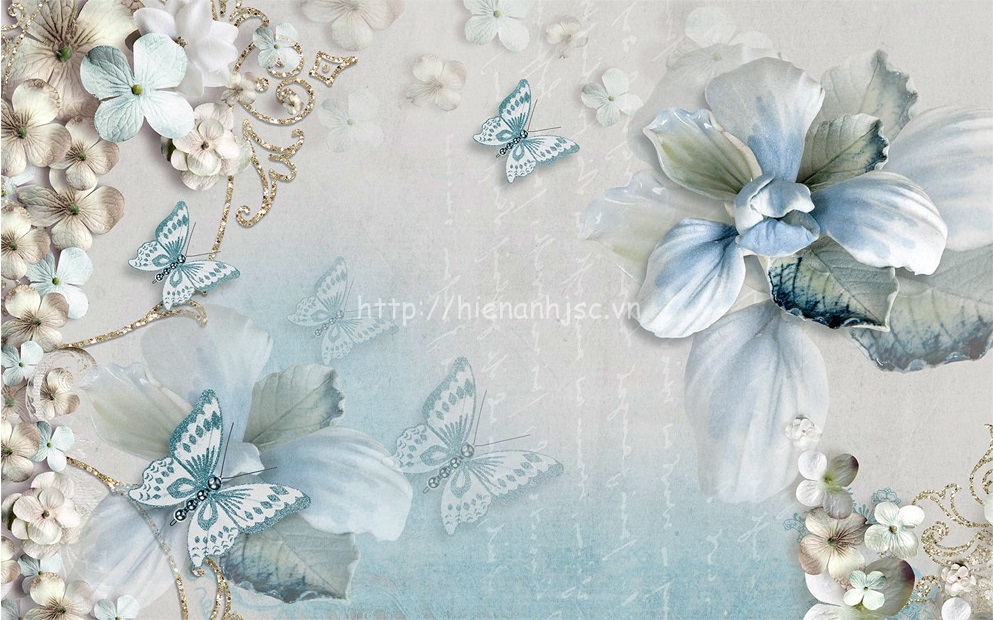 Tranh dán tường 5D - Bối cảnh hoa và bướm trang sức lãng mạn 5D165