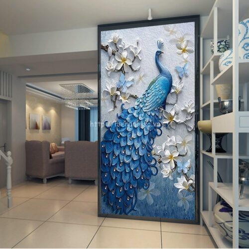 Tranh dán tường 5D - Tranh chim công xanh và hoa đào phong cách sơn dầu 5D173 6 Tranh chim công dán trang trí phòng khách Hà Nội - 5D173
