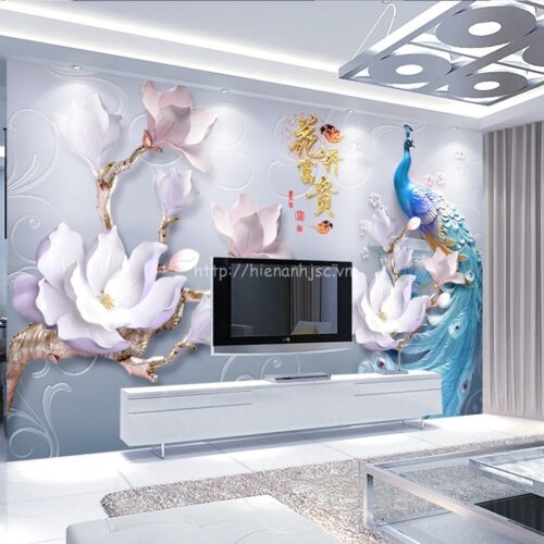 Tranh dán tường 5D - Tranh chim công ba chiều và hoa sứ 5D174 5 5D174-3-tranh chim cong 3 chieu va hoa su