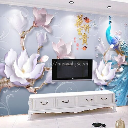 Tranh dán tường 5D - Tranh chim công ba chiều và hoa sứ 5D174 6 5D174-4-tranh chim cong 3 chieu va hoa su