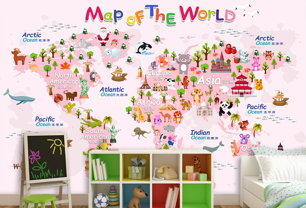 Tranh dán tường 5D - Tranh bản đồ thế giới cho bé 5D183 Hồng