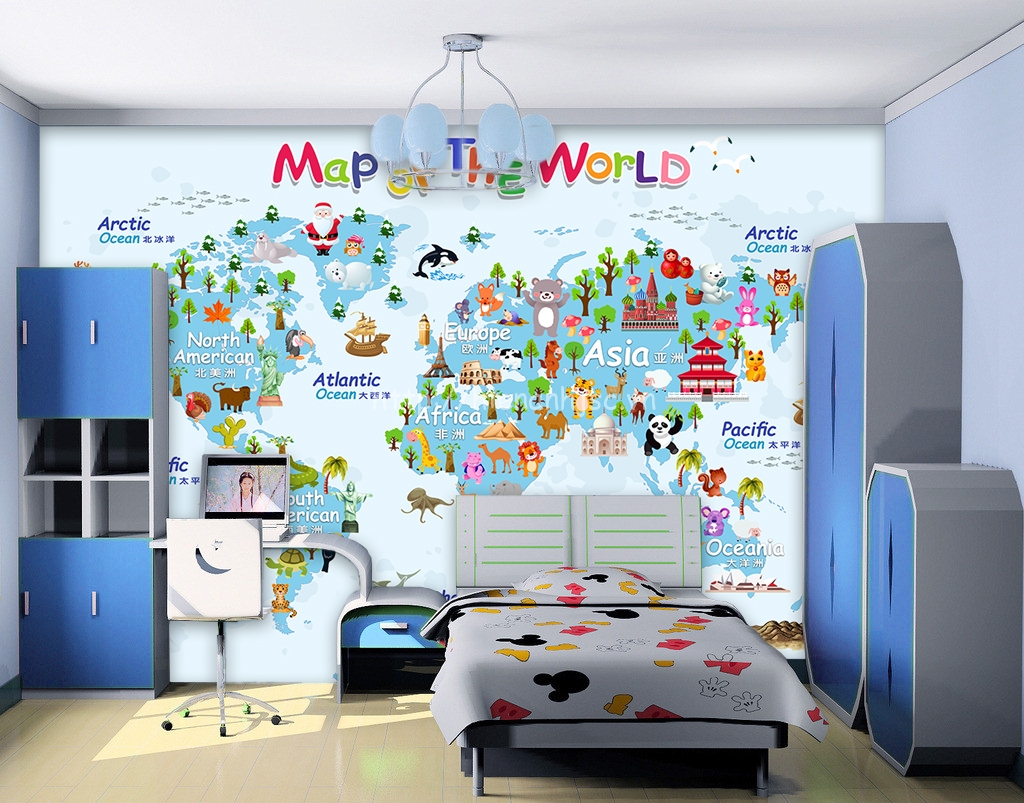Tranh dán tường 5D - Tranh bản đồ thế giới cho bé 5D183 Xanh
