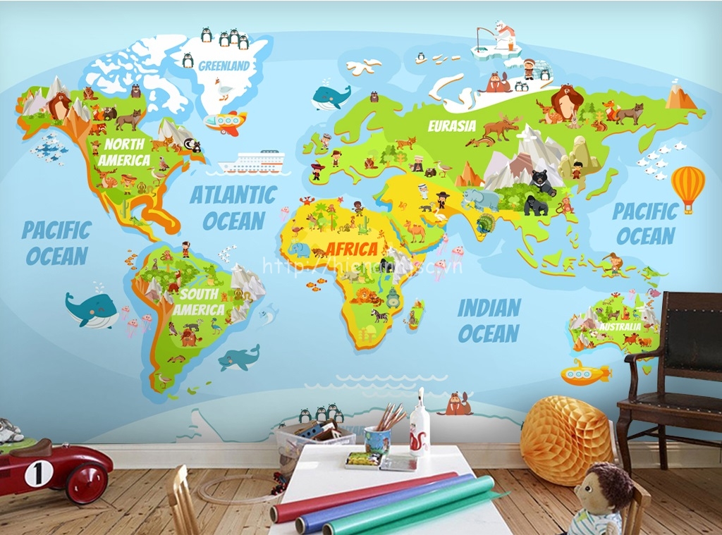 Tranh dán tường 5D - Tranh bản đồ thế giới cho bé 5D184