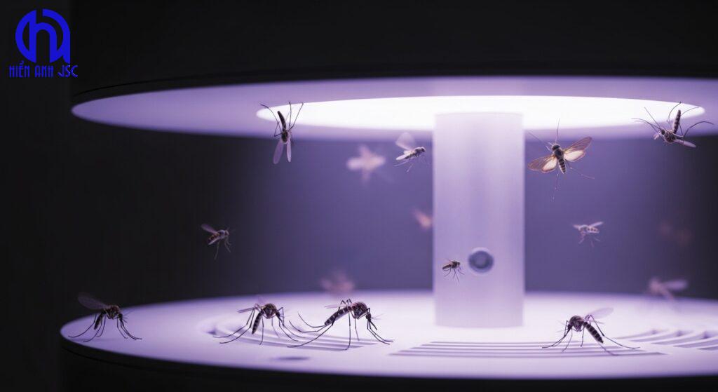Đèn bắt muỗi sử dụng tia UV-A thu hút côn trùng vào bẫy, thể hiện nguyên lý quang hướng động.